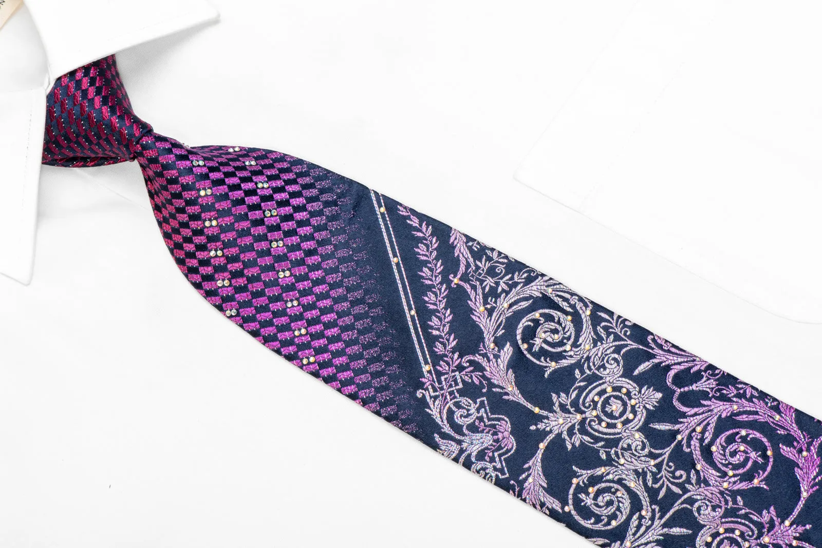 Purple Silver Acanthus Scrolls On Navy Rhinestone Silk Tie With Sparkles