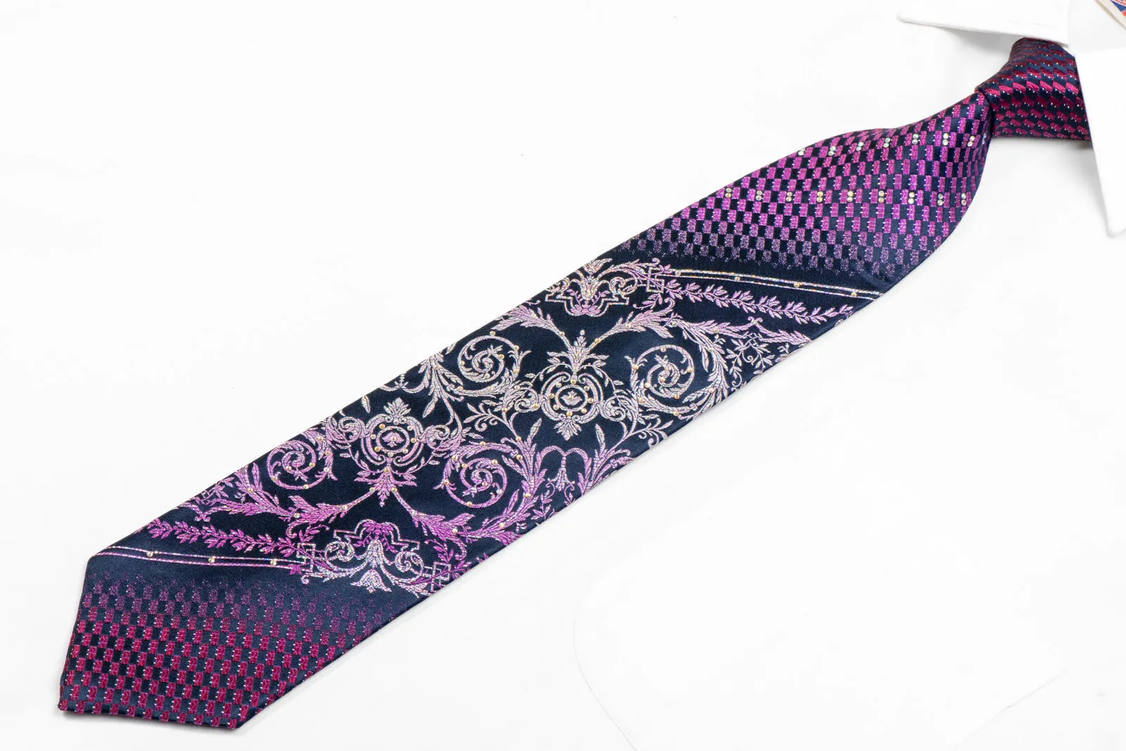 Purple Silver Acanthus Scrolls On Navy Rhinestone Silk Tie With Sparkles