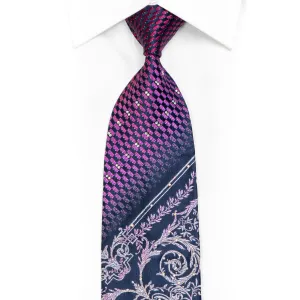 Purple Silver Acanthus Scrolls On Navy Rhinestone Silk Tie With Sparkles