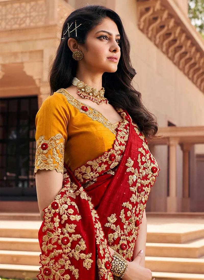 Red And Yellow Embroidered Wedding Indian Silk Saree