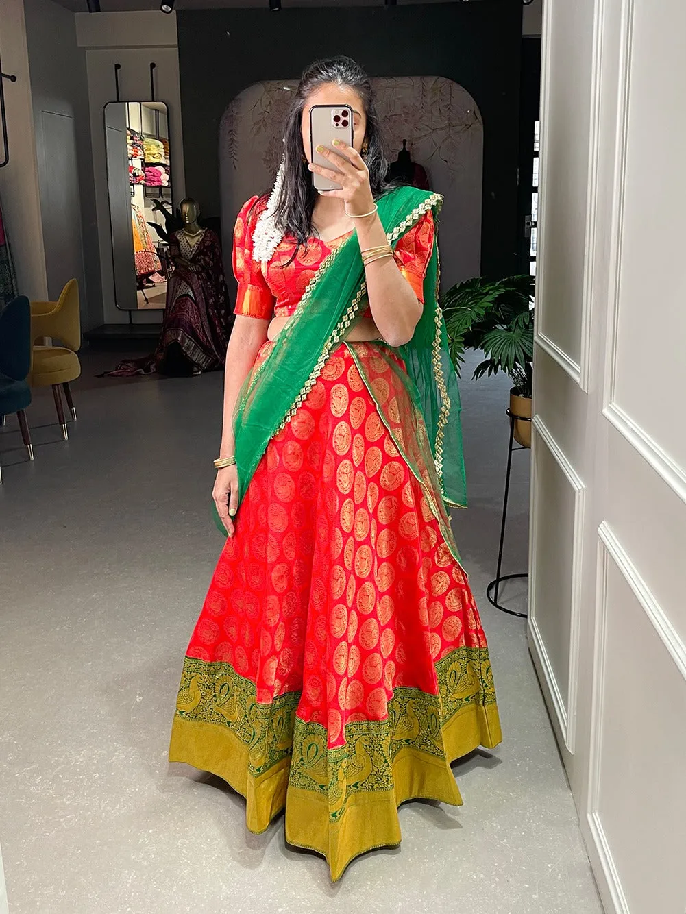 Red Color Jacquard Half Saree Set Lehenga Choli