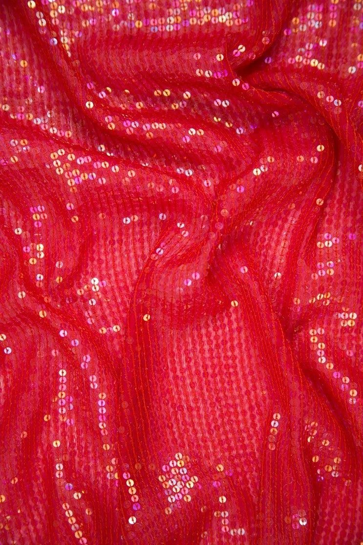 Red Orange Sequins & Beads on Silk Chiffon JEC-132-21 Fabric