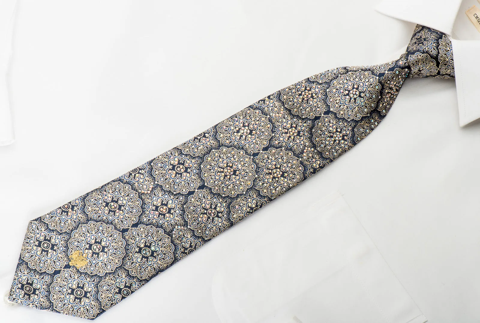 Renoma Rhinestone Silk Necktie Gold Arabesque On Navy Blue With Gold Sparkles