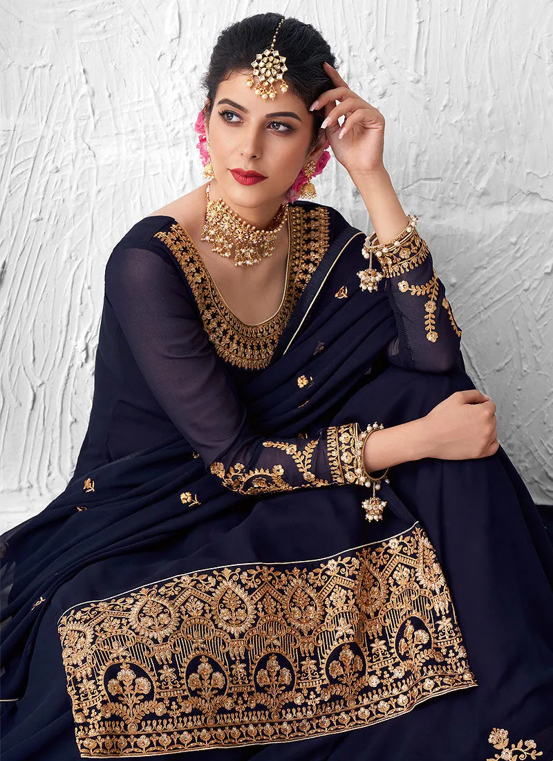 Royal Blue Golden Embroidered Sharara Suit