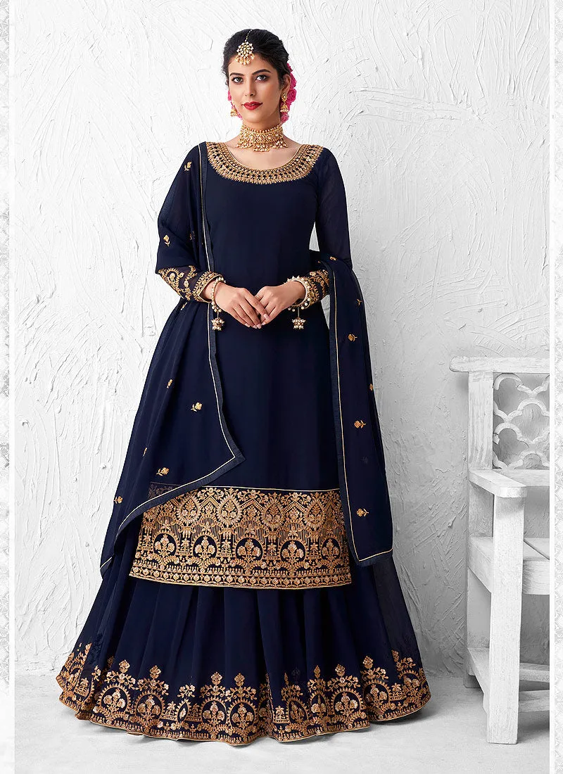 Royal Blue Golden Embroidered Sharara Suit