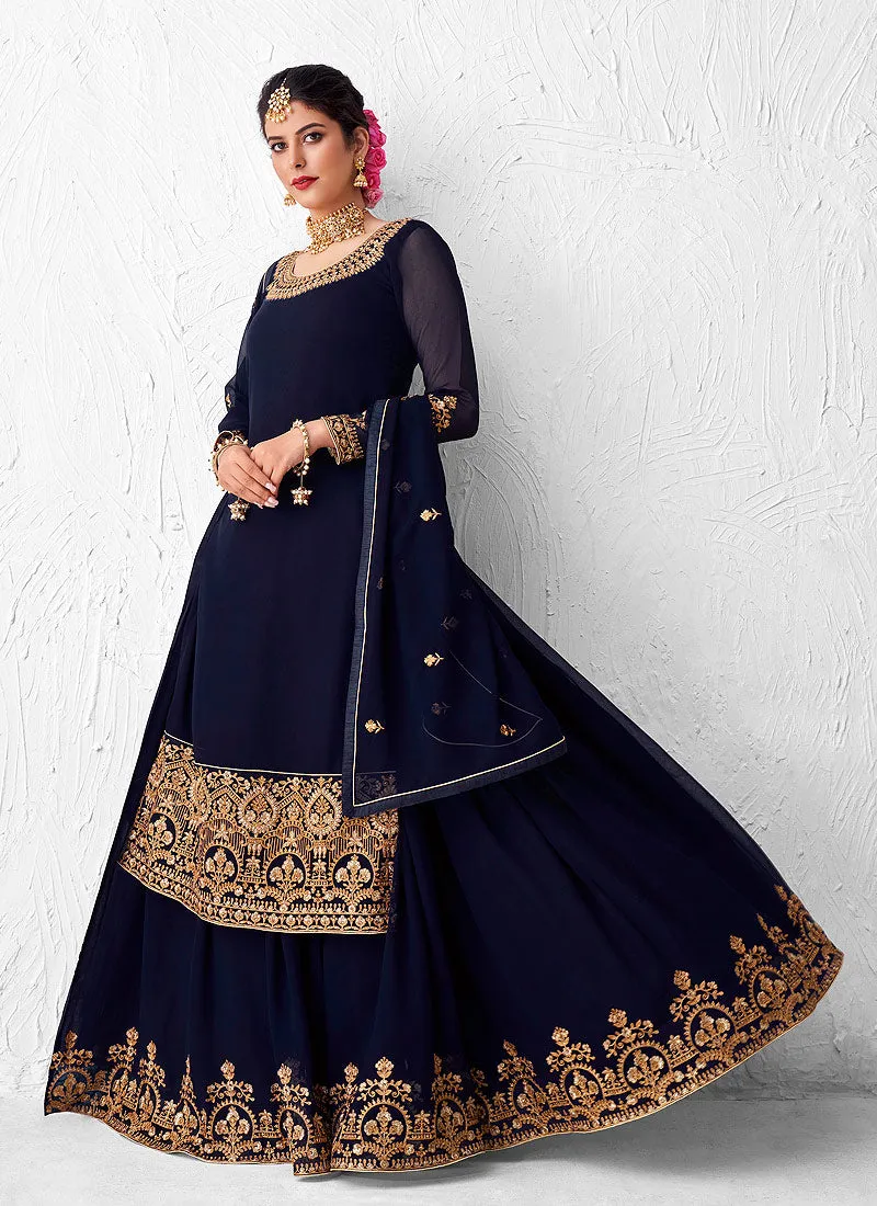 Royal Blue Golden Embroidered Sharara Suit