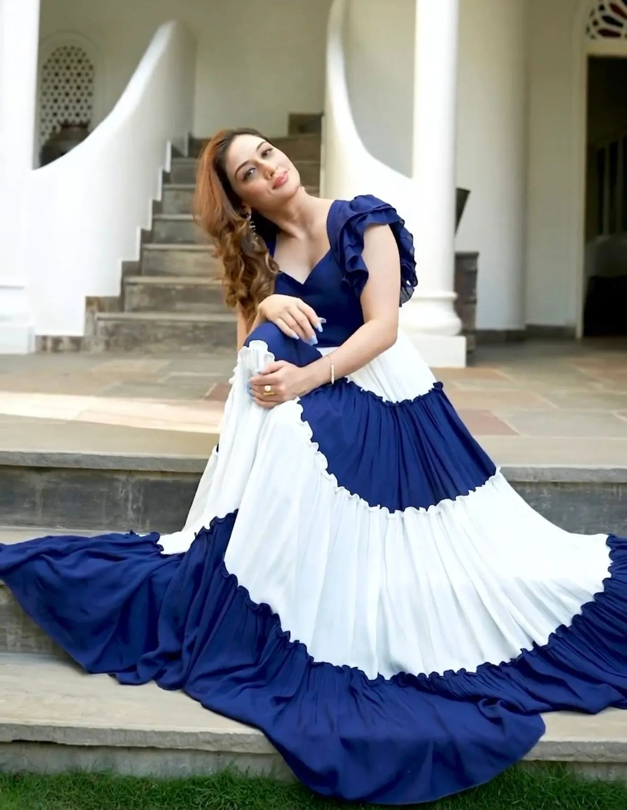 Ruffle Style Blue And White Color Stylish Gown