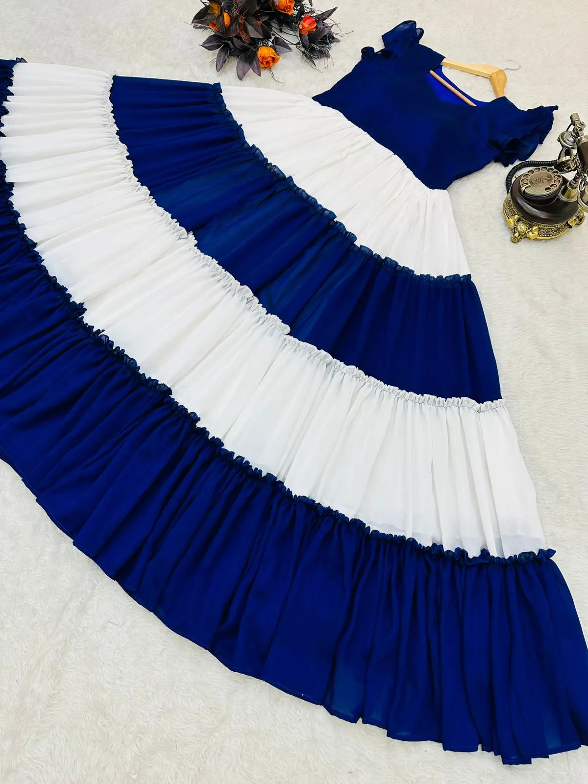 Ruffle Style Blue And White Color Stylish Gown