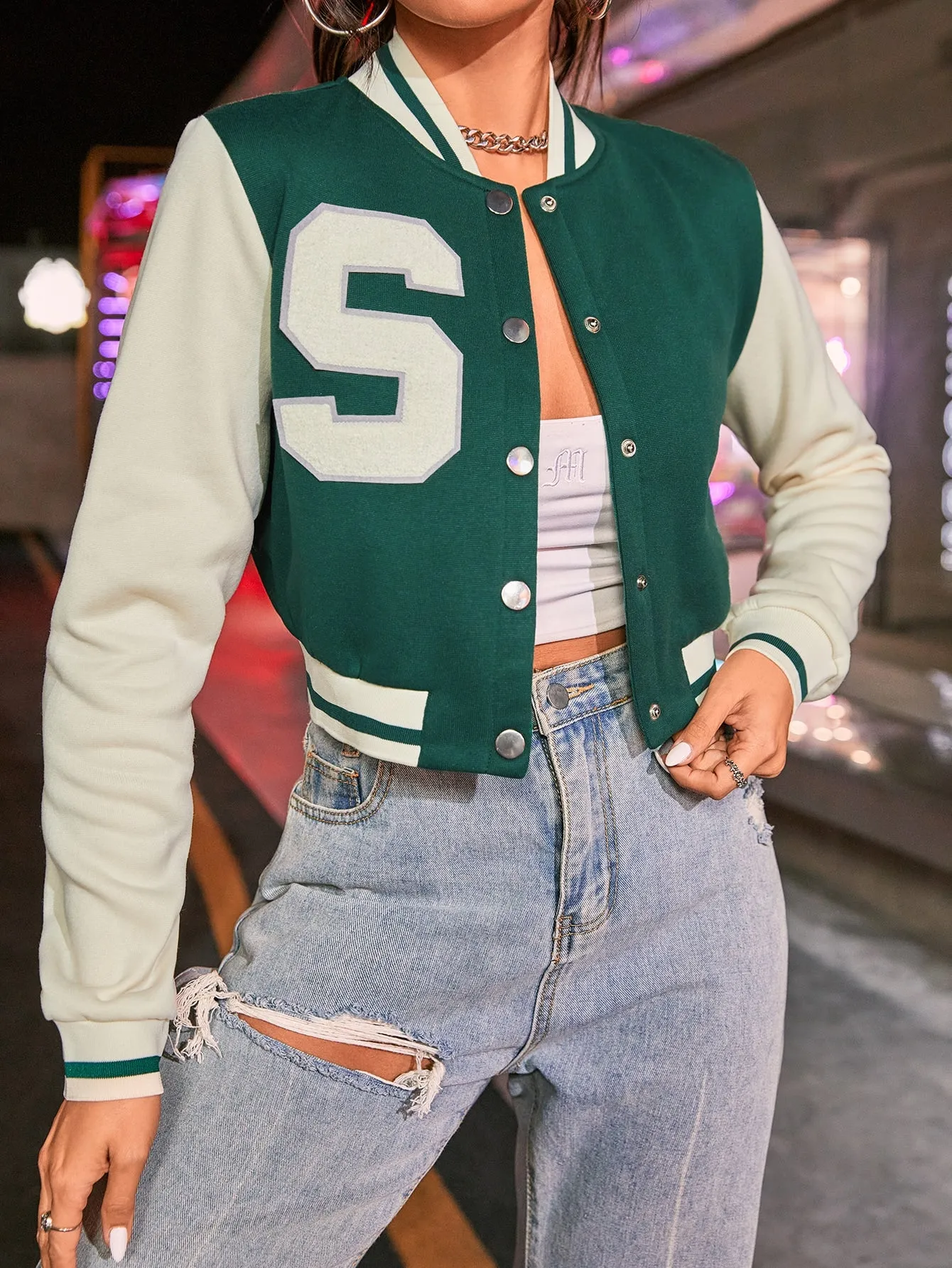 SHEIN EZwear Letter Patched Crop Varsity Jacket