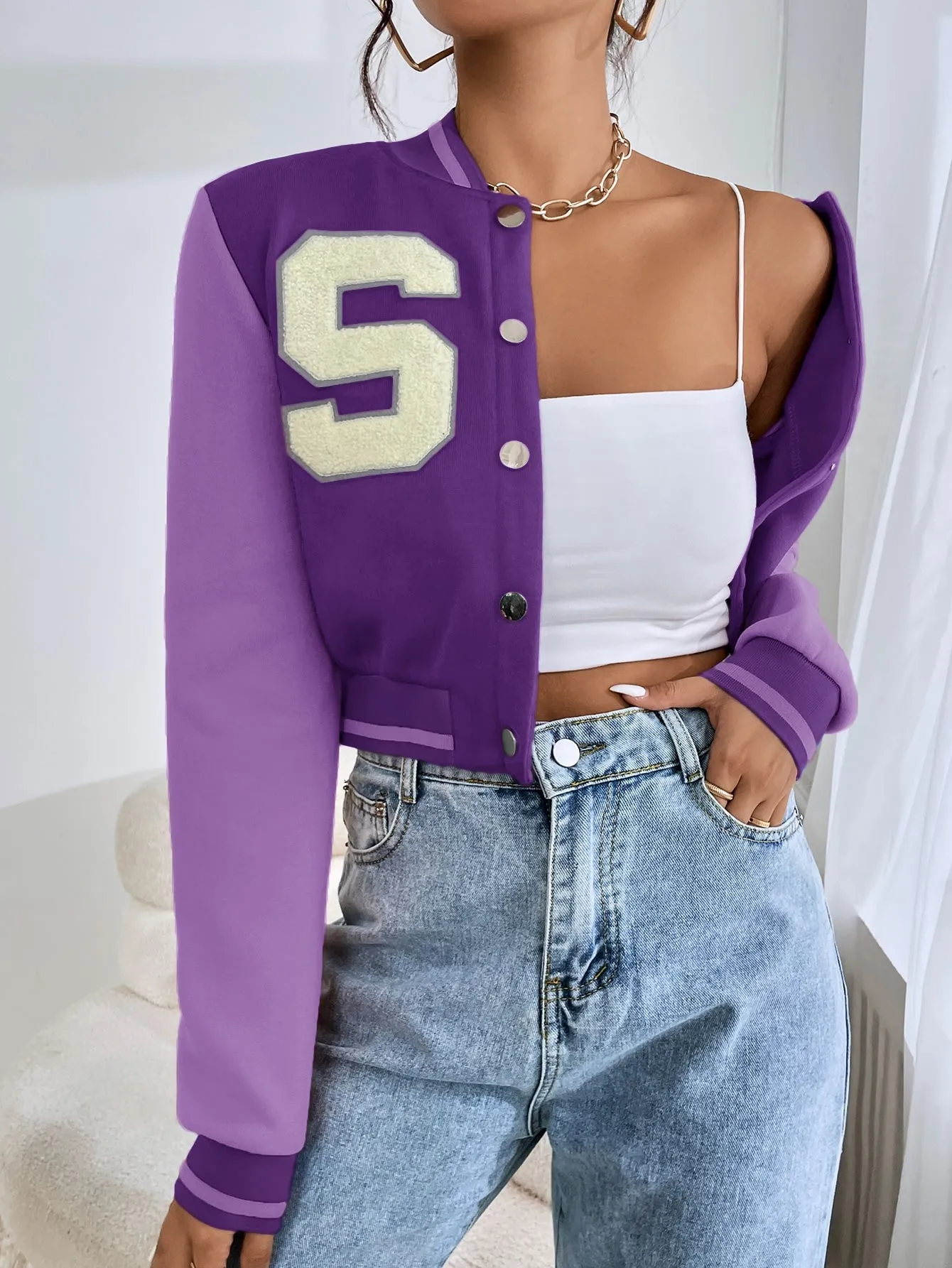 SHEIN EZwear Letter Patched Crop Varsity Jacket