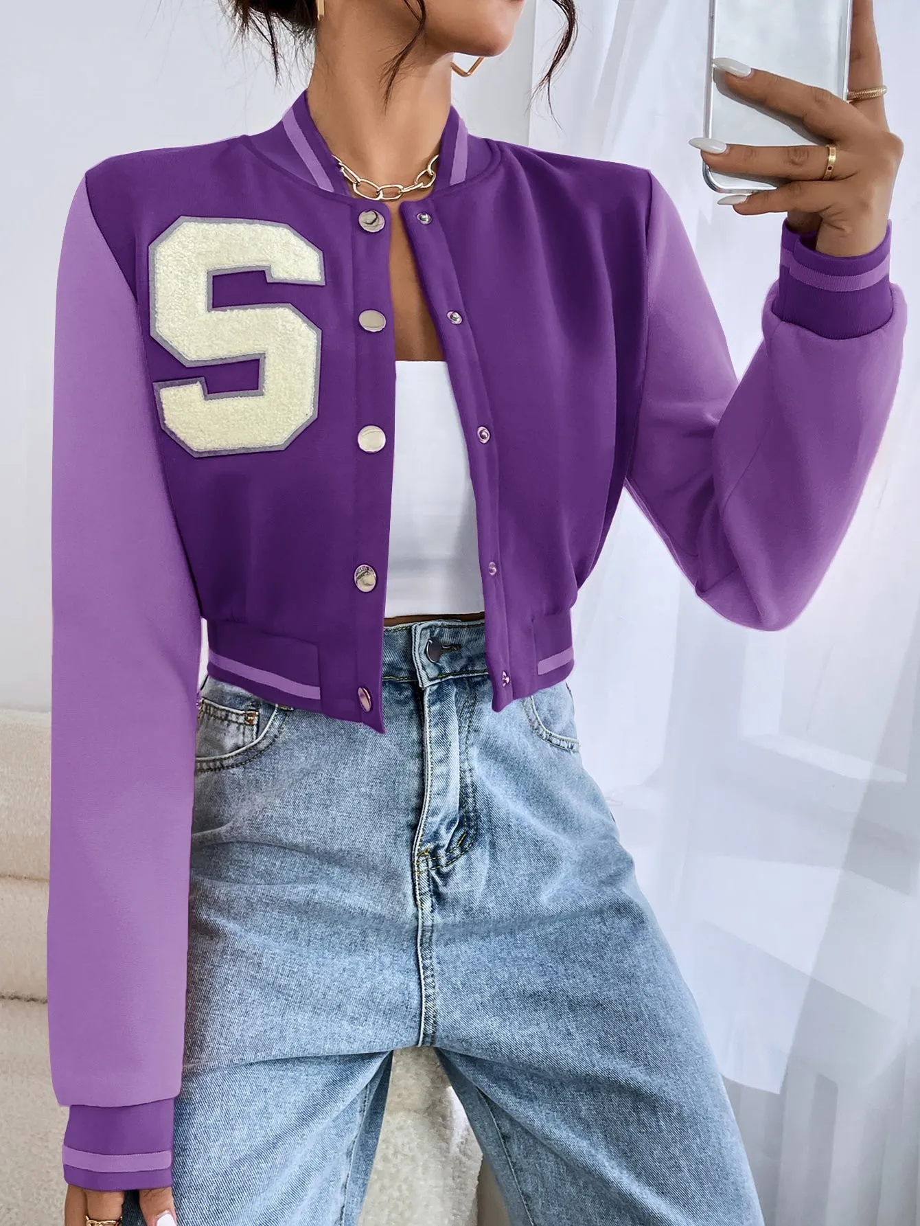 SHEIN EZwear Letter Patched Crop Varsity Jacket