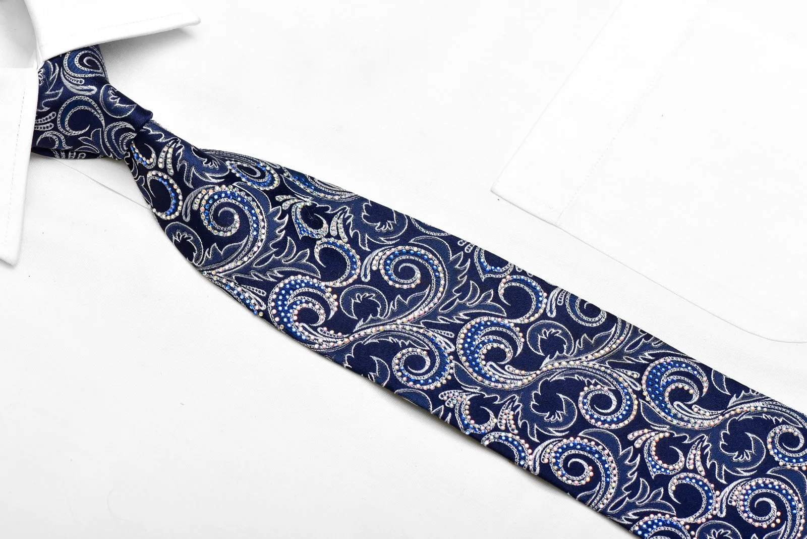 Silver Acanthus Scrolls On Blue Rhinestone Silk Necktie