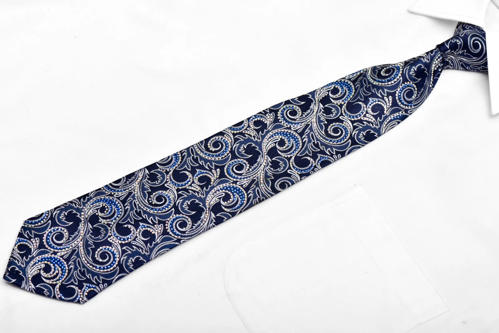 Silver Acanthus Scrolls On Blue Rhinestone Silk Necktie