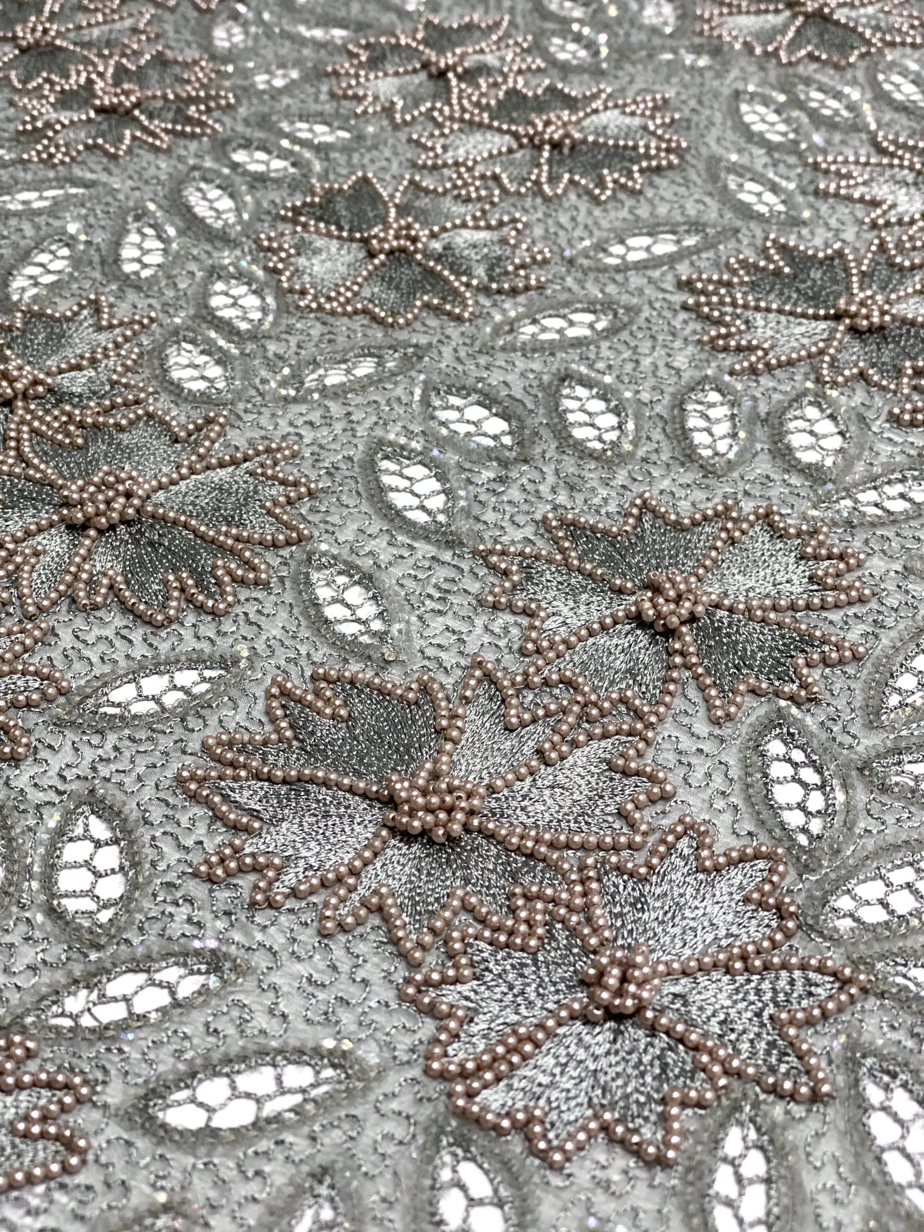 Silver Sequin & Beads On Silk Chiffon JEC-114-4 Fabric