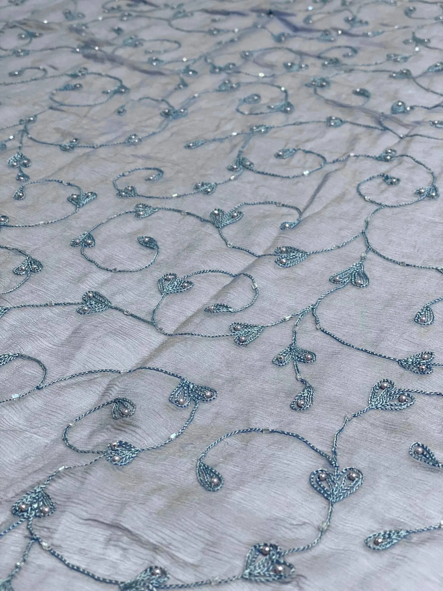 Sky Blue Sequin & Beads on Silk Chiffon JEC-164-9 Fabric