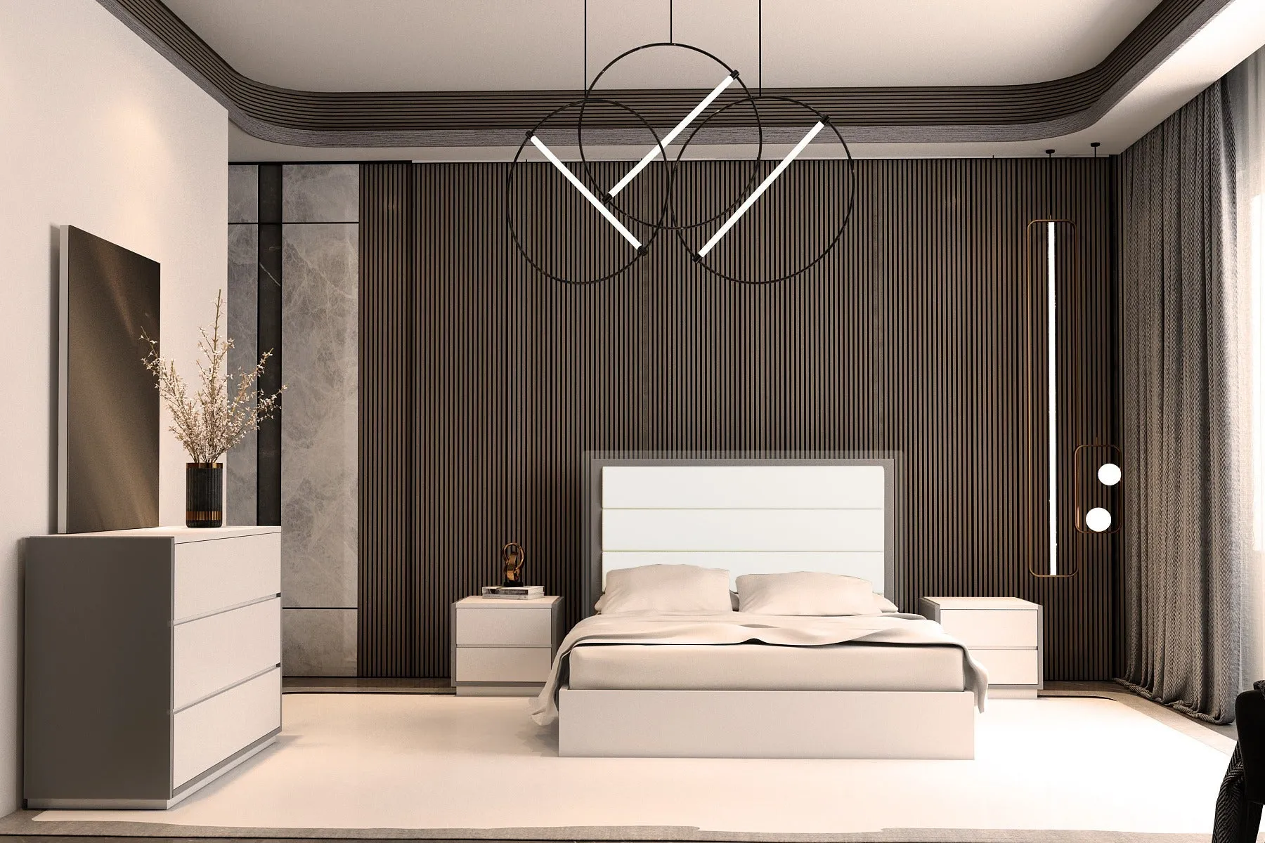 Sky Grey and White Modern Bedroom Set with LED