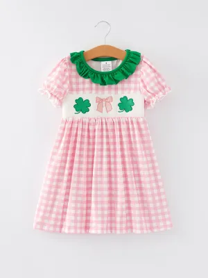 St. Patrick's Day Smocking 4-leaf Clover Plaid Bow Embroidered Dress