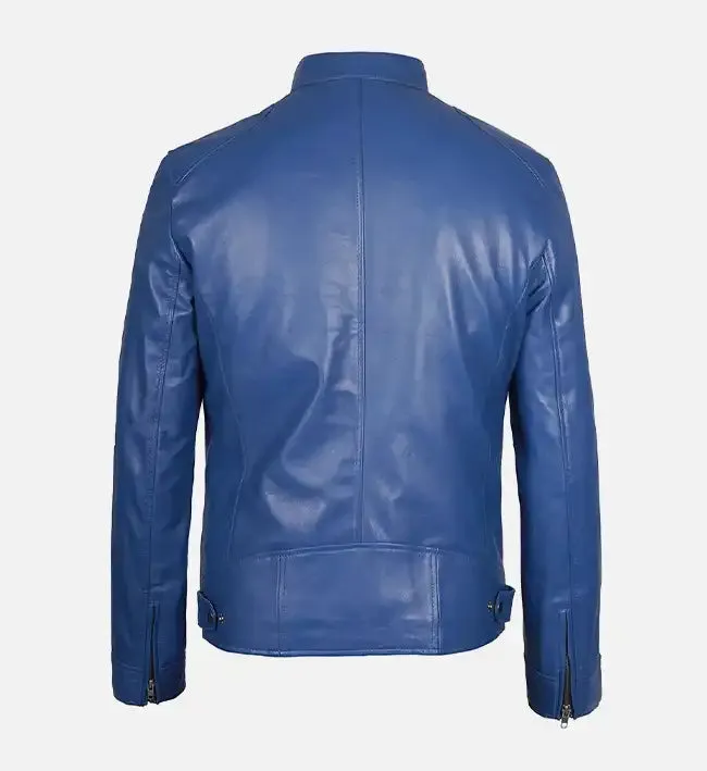 Stylish Slim Fit Men’s Blue Leather Jacket