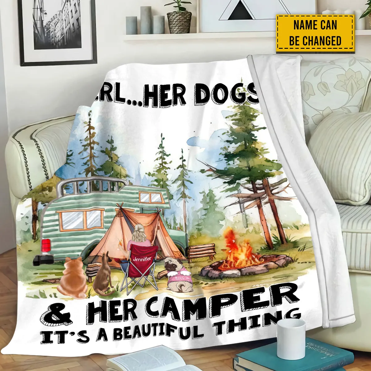 Teesdily | Personalized Girl And Her Dogs Throw Blanket Camper Camping Landscape Art Print Travel Blanket Dog Owner Camping Lover Blanket Gifts