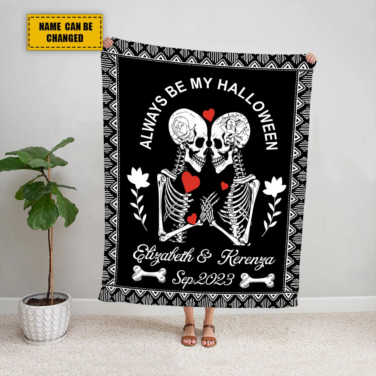 Teesdily | Skull Couple Personalized Fleece Blanket Always Be My Halloween Warm Blanket Gothic Skeleton Blanket Personalized Christmas Couple Gifts