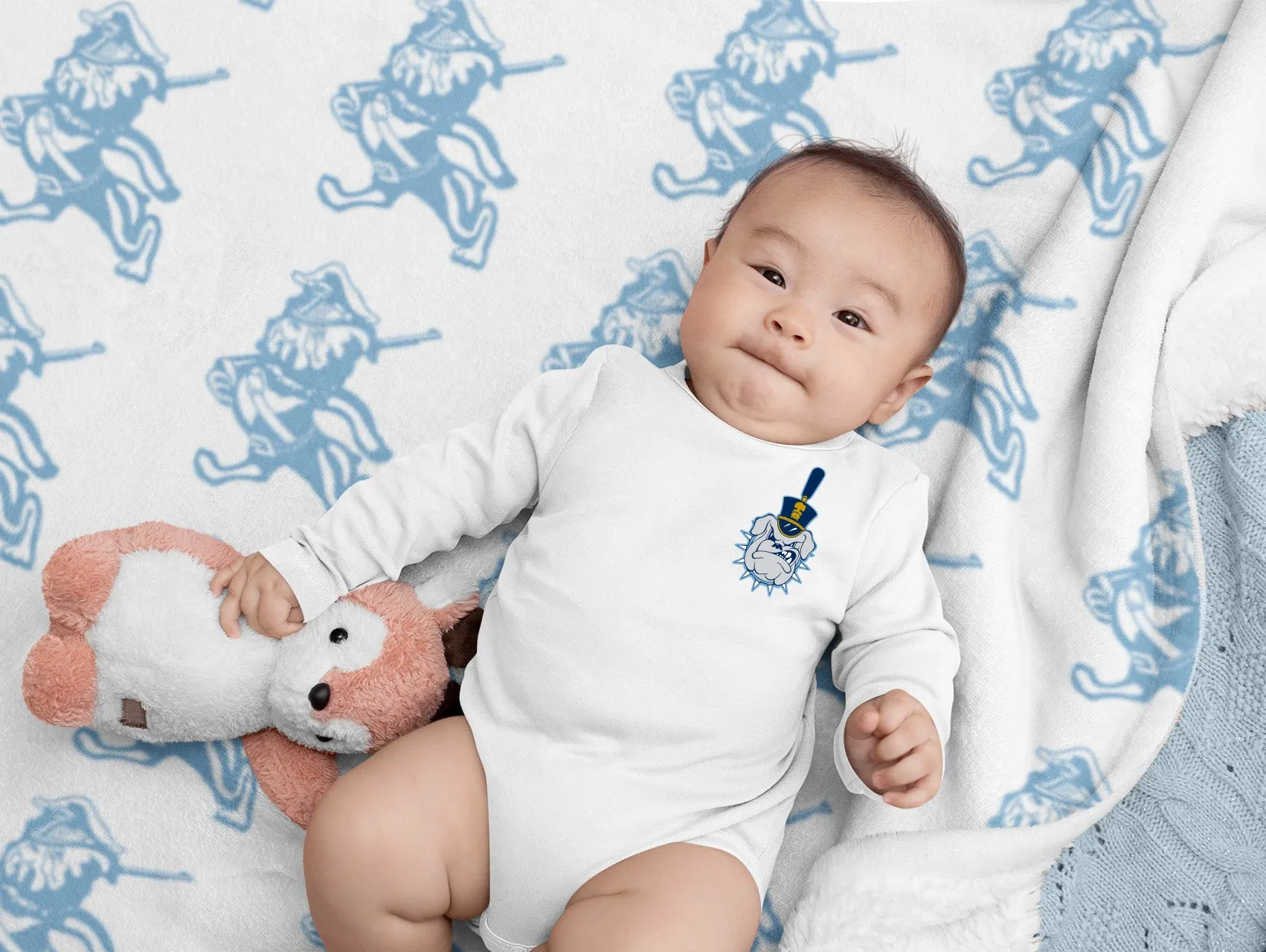 The Citadel, Vintage Marching Bulldog logo, Blue & White Baby Blanket