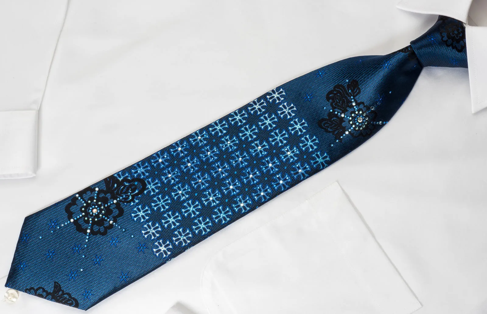 Vito Rufolo Rhinestone Necktie Crosses On Blue With Silver Sparkles