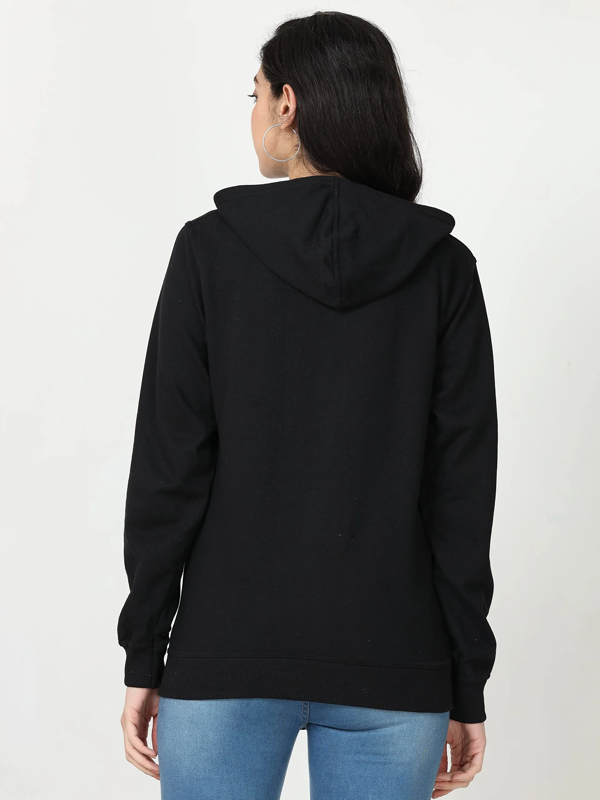 Wafaa Women's Cotton Plain Hooded Neck Full Zipper Black Color Sweatshirt Hoodies with Kangaroo Pocket XL Size