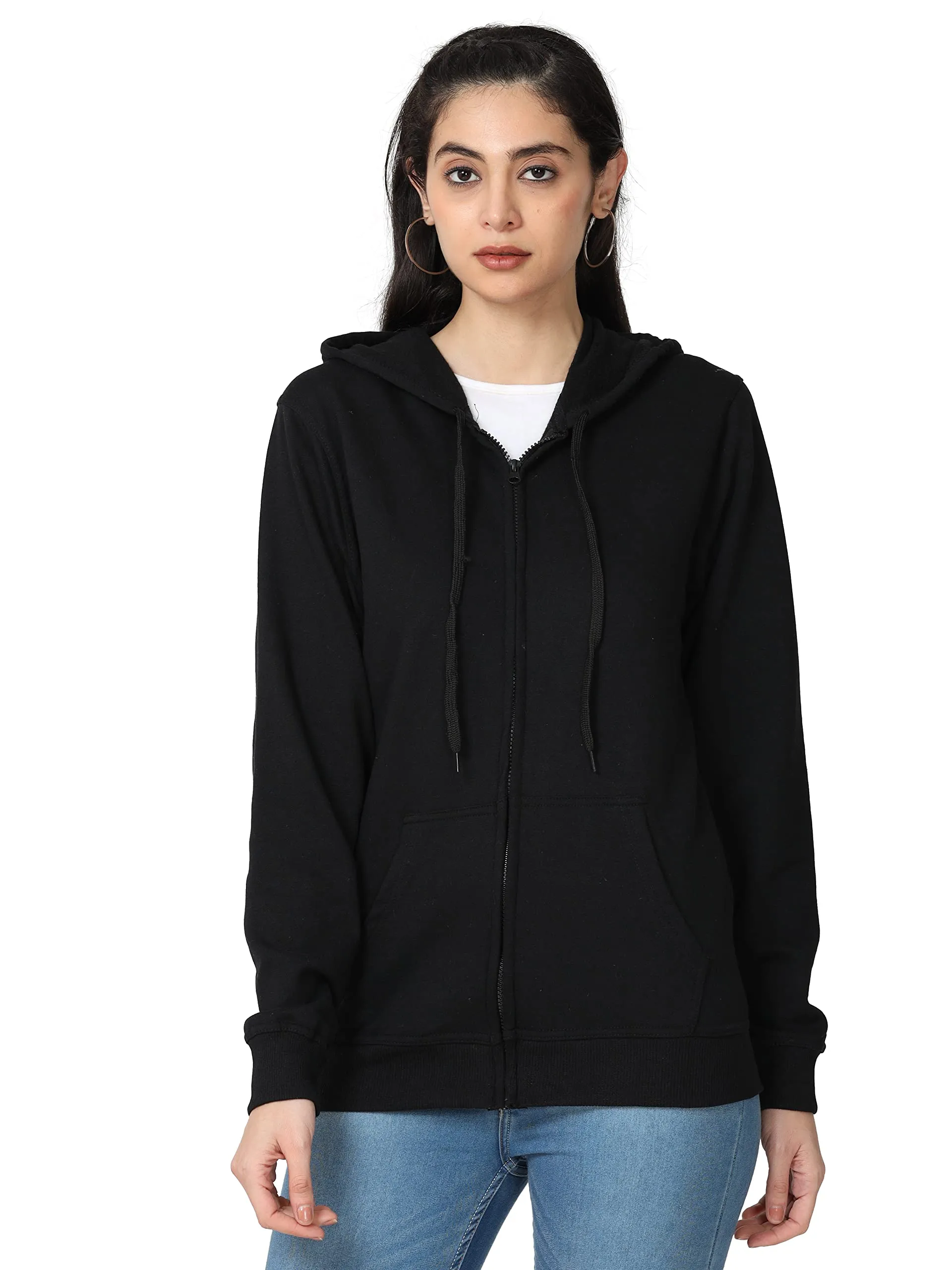 Wafaa Women's Cotton Plain Hooded Neck Full Zipper Black Color Sweatshirt Hoodies with Kangaroo Pocket XL Size