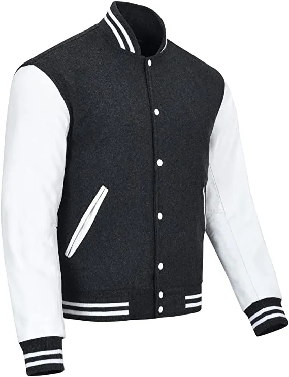 Warrior Gears Classic Hybrid Varsity Jacket for Kids, Toddler Letterman Bomber Jacket for Boys, Unisex Varsity Jacket Girls, Dark Grey Pure Wool Body & White Cowhide Leather Sleeves