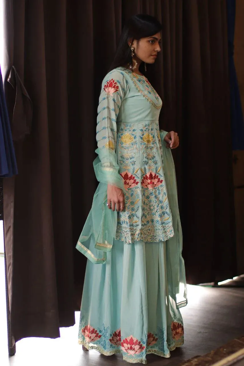 Wedding Sharara Suit Set in Sky Blue Color