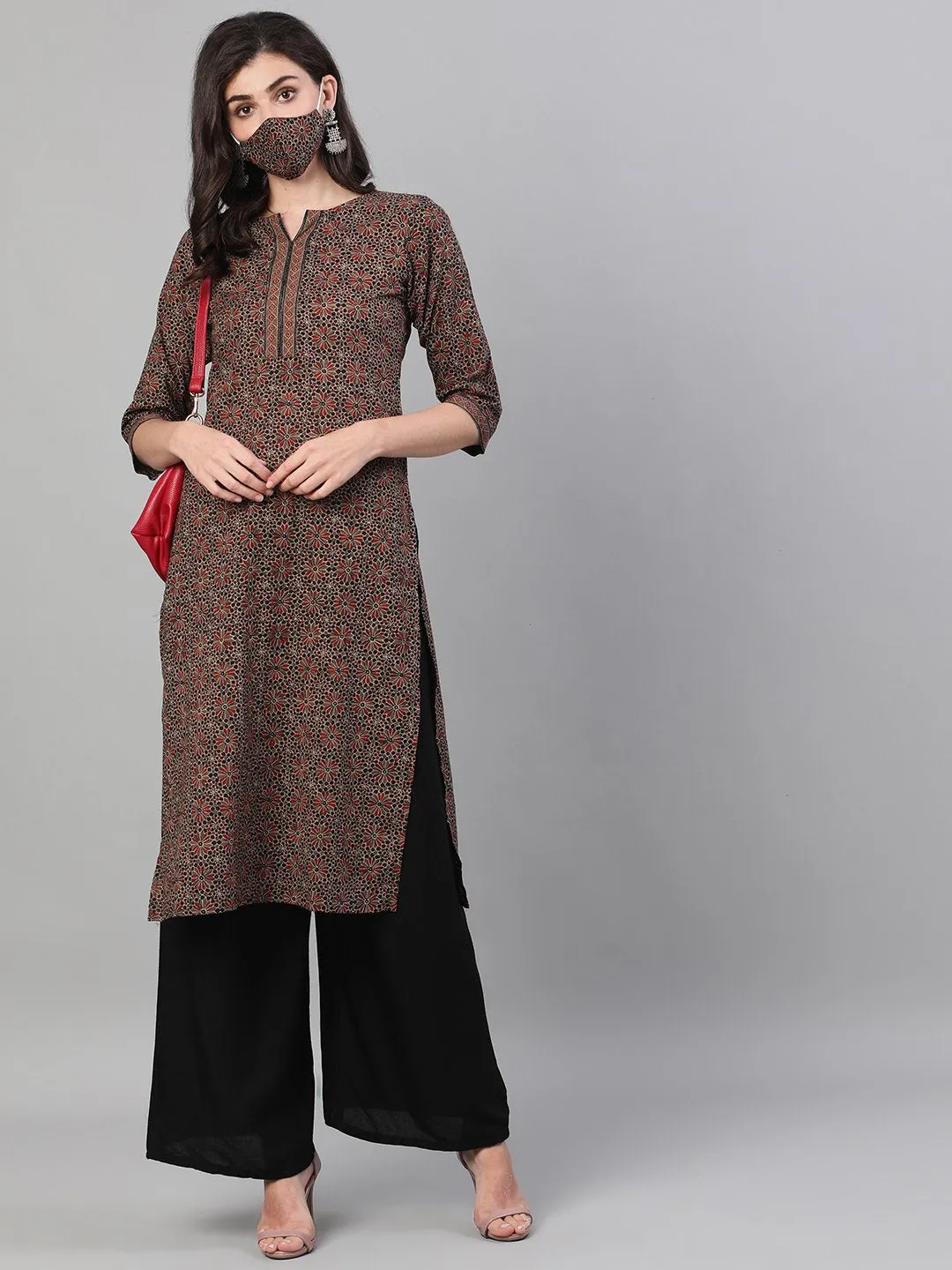 Women Brown Calf Length Three-Quarter Sleeves Straight Ethnic Motif Printed Cotton Kurta With Pockets And Face Mask