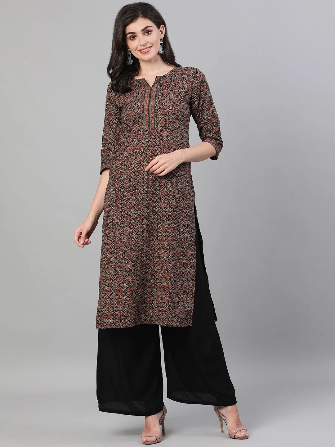 Women Brown Calf Length Three-Quarter Sleeves Straight Ethnic Motif Printed Cotton Kurta With Pockets And Face Mask