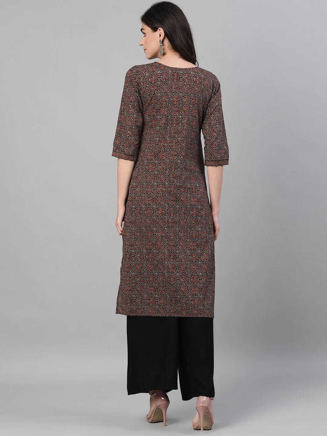 Women Brown Calf Length Three-Quarter Sleeves Straight Ethnic Motif Printed Cotton Kurta With Pockets And Face Mask