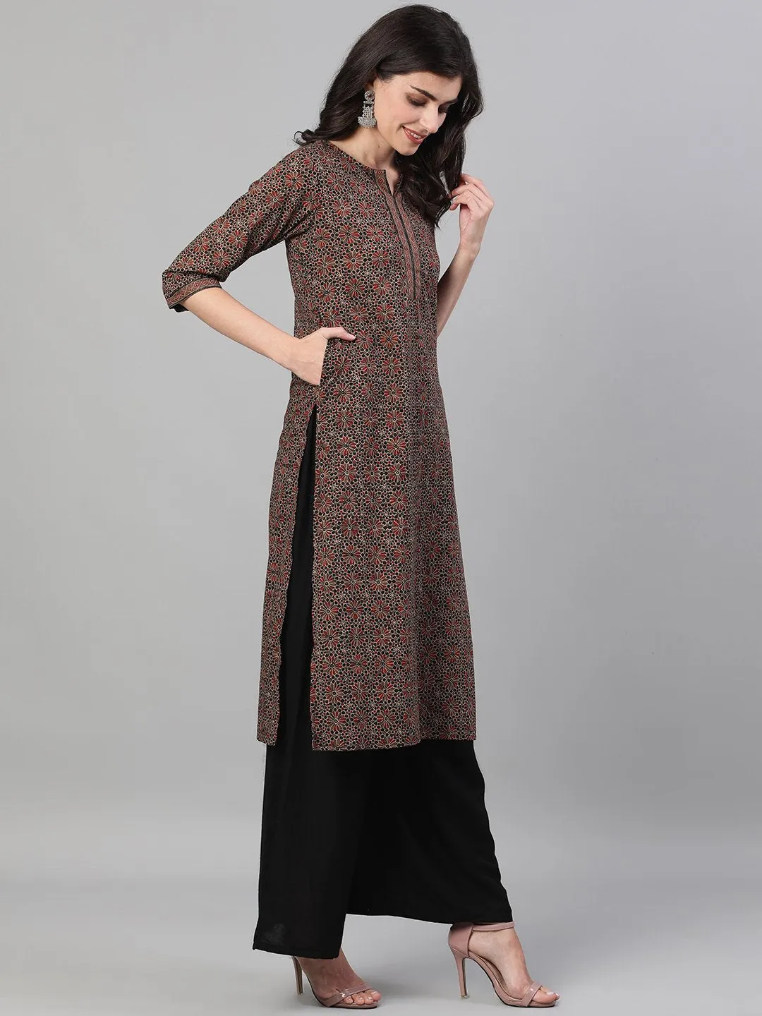 Women Brown Calf Length Three-Quarter Sleeves Straight Ethnic Motif Printed Cotton Kurta With Pockets And Face Mask