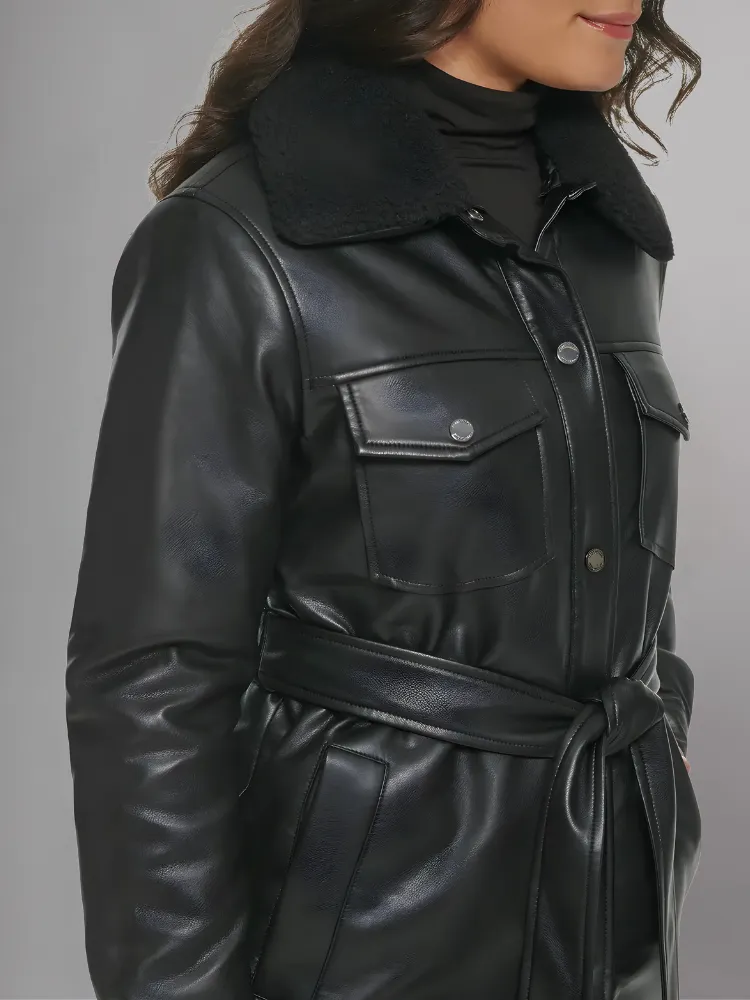 Womens Brown Shearling Collar Leather Jacket