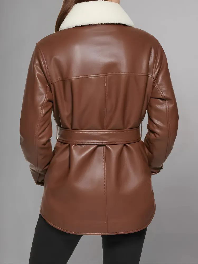 Womens Brown Shearling Collar Leather Jacket