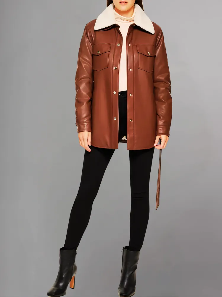 Womens Brown Shearling Collar Leather Jacket