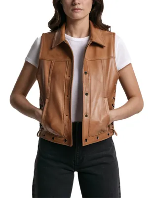 Women's Brown Stylish Leather Biker Vest With Side Laces