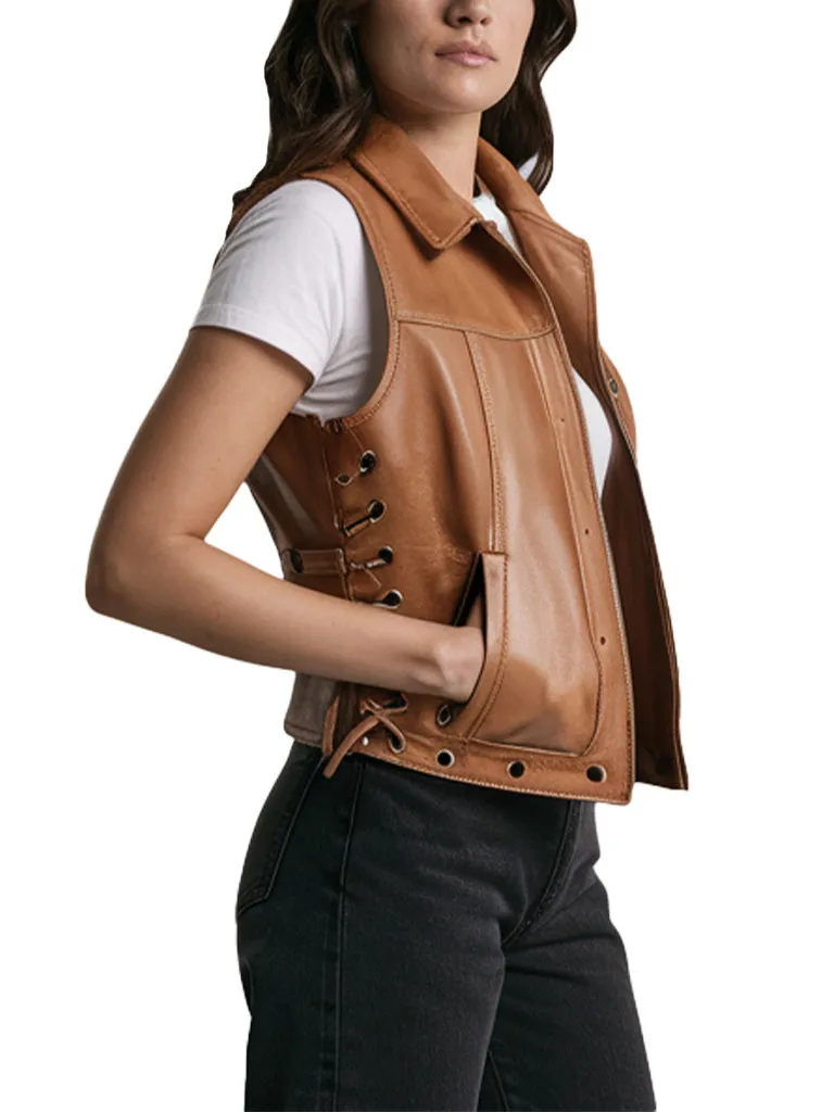 Women's Brown Stylish Leather Biker Vest With Side Laces