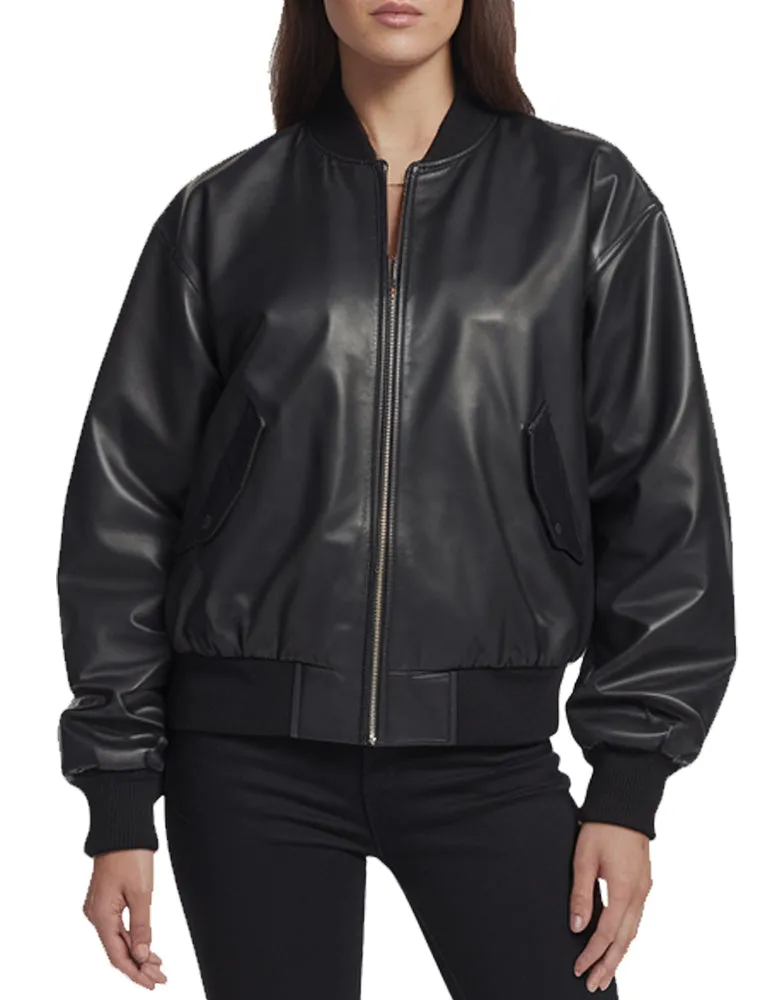 Women's Classic Black Leather Bomber Jacket