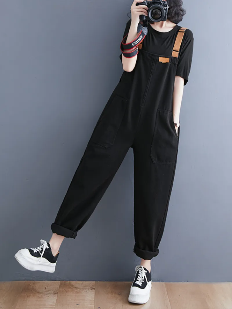 Women's Denim Loose Shoulder Strap Large Size Black Overalls