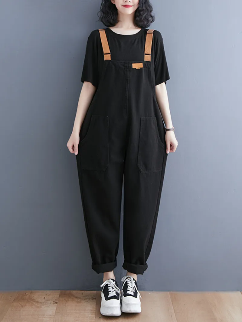 Women's Denim Loose Shoulder Strap Large Size Black Overalls