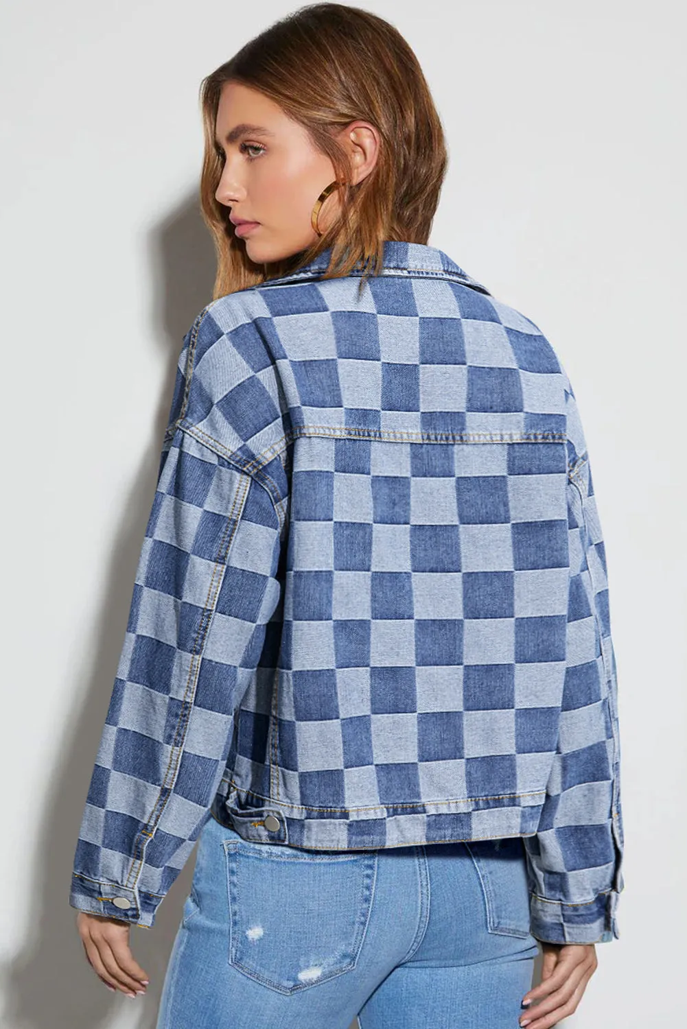 Women's Oversized Denim Jacket Casual Plaid Pockets Jean Jacket Autumn Spring