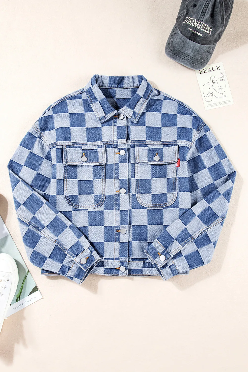 Women's Oversized Denim Jacket Casual Plaid Pockets Jean Jacket Autumn Spring