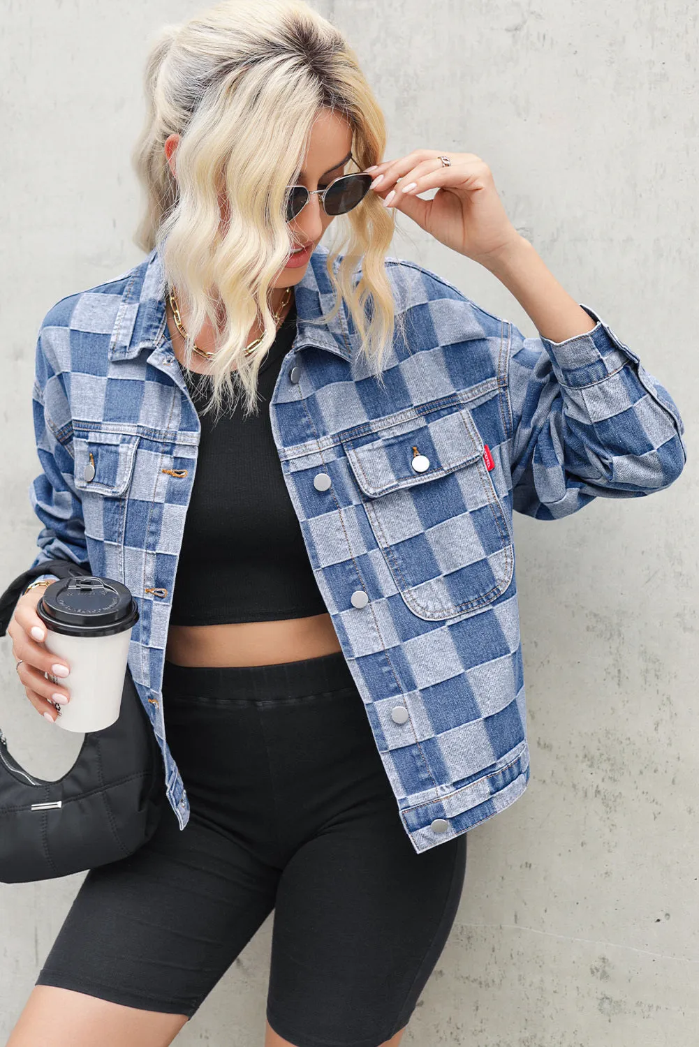 Women's Oversized Denim Jacket Casual Plaid Pockets Jean Jacket Autumn Spring