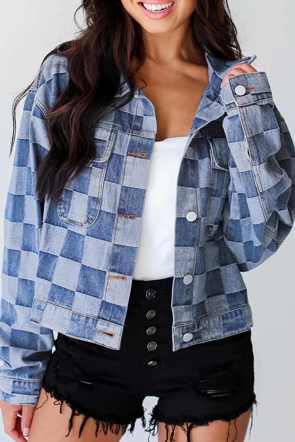 Women's Oversized Denim Jacket Casual Plaid Pockets Jean Jacket Autumn Spring