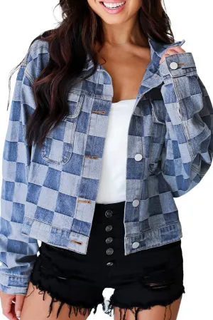 Women's Oversized Denim Jacket Casual Plaid Pockets Jean Jacket Autumn Spring