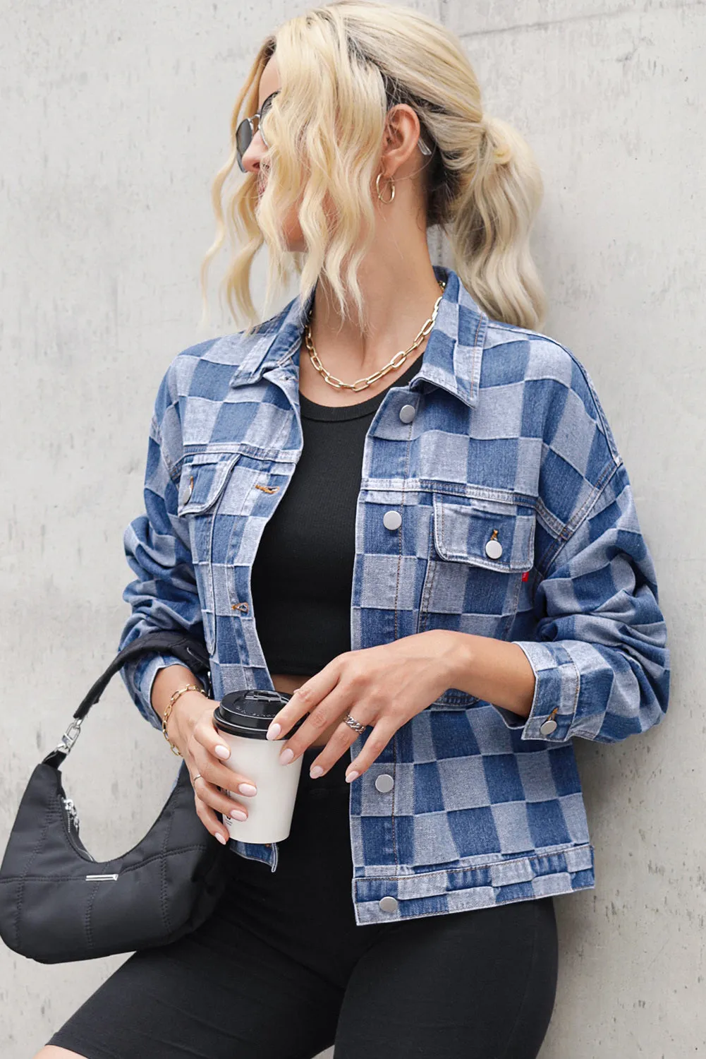 Women's Oversized Denim Jacket Casual Plaid Pockets Jean Jacket Autumn Spring