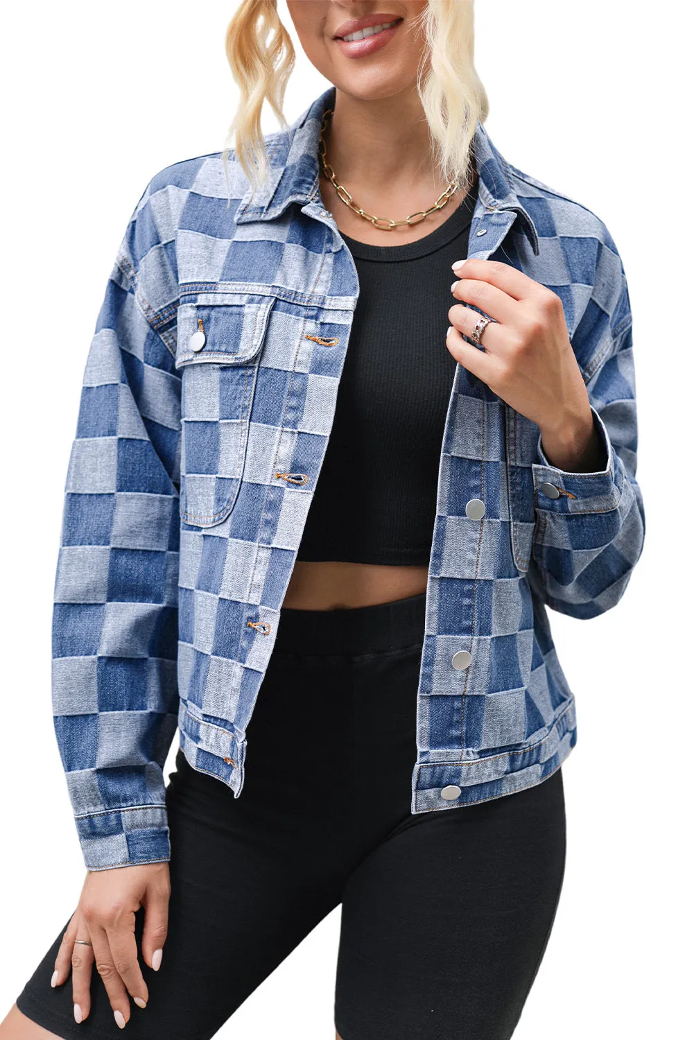 Women's Oversized Denim Jacket Casual Plaid Pockets Jean Jacket Autumn Spring