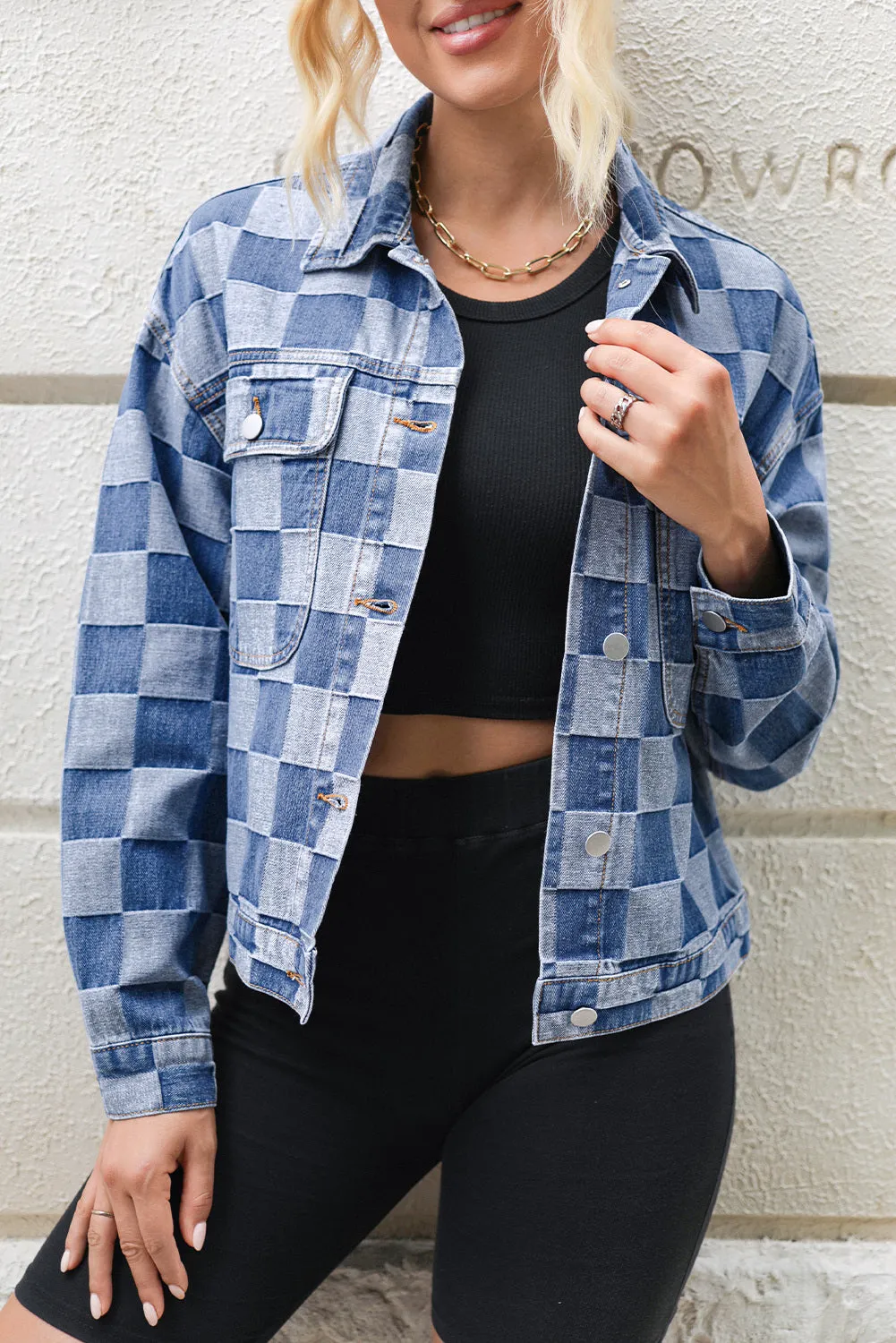 Women's Oversized Denim Jacket Casual Plaid Pockets Jean Jacket Autumn Spring